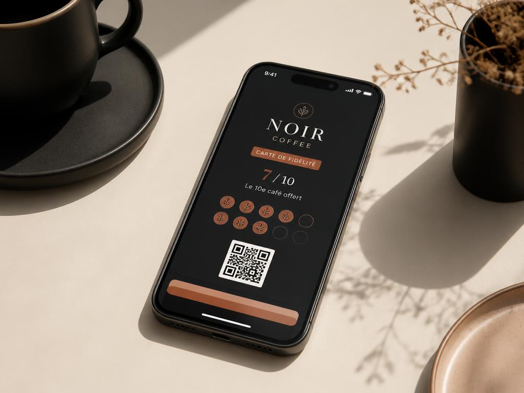 Carte de fidélité digitale personnalisée affichée sur un iPhone dans un café